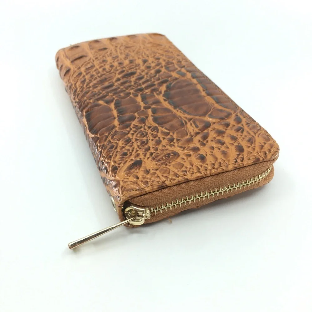 Croc Embossed Zip Around Wallet Tan Brown Vegan Faux Leather Brahmin Inspired